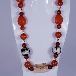 Beaded Necklace with Orange, Clear & Multicolored